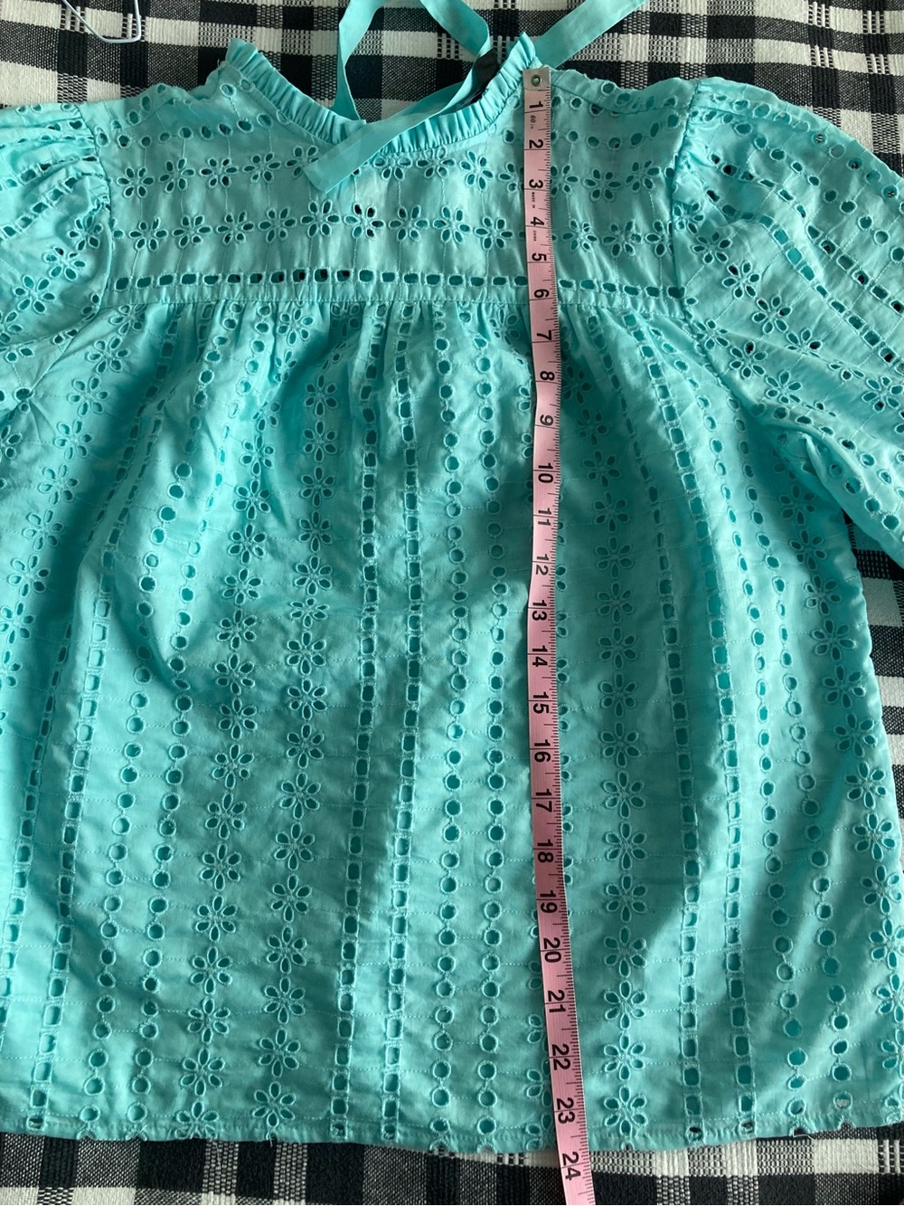 J. Crew Eyelet Lace Blouse Top Aqua Blue M High Neck Long Puff Sleeve Cotton - Picture 9 of 10